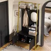 A compact wardrobe with a mirror and hooks, a double-door cabinet with a shoe compartment, and a metal frame, designed for hallways and entryways, shown in a black finish. Anteprima dell’immagine prodotto
