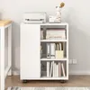 A white storage cabinet with shelves, a printer, books, and decorative items on top. Náhled obrázku produktu