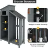 A grey wooden garden shed with multiple compartments and shelves, showcasing storage options for tools. Produktbild-Vorschau