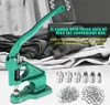 A green manual eyelet press machine with various accessories and fabric in the background. Anteprima dell’immagine prodotto