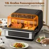 A close-up marketing image of a black and silver air fryer with orange highlights indicating internal capacity, placed on a kitchen counter with some food items and a glass of water in the foreground and background. Produktbild-Vorschau