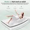 A woman is floating on a mattress, with icons and text describing its features. Produktbild-Vorschau