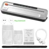 A collage of a vacuum sealer machine, sealing bags, and a user manual. Podgląd zdjęcia produktu