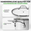 Close-up shots of a stainless steel pot and its lid, highlighting features. Produktbild-Vorschau