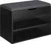 A black shoe bench with a gray upholstered top and two open shelves below, shown from a front-side angle against a white background. Náhled obrázku produktu