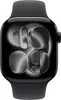 A close-up, front-facing view of a black Apple Watch with a unique watch face. Produktbild-Vorschau