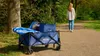 A woman walks away from a blue foldable cart filled with items on a paved path in a park. Produktbild-Vorschau