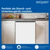 A white dishwasher is shown installed in a kitchen setting, with cabinetry surrounding it. The image includes marketing text and icons at the bottom. Produktbild-Vorschau