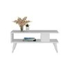 A white coffee table with a vase of flowers and books on it, set against a white background.