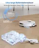 A robotic vacuum cleaner is shown on a wooden floor, with graphics indicating its battery life and cleaning area. Below, a 3D rendering of a house layout shows the robot's cleaning path. Produktbild-Vorschau