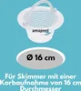 A white skimmer basket with a handle is shown against a light blue background. Below the basket, a gray oval contains text indicating the size. Produktbild-Vorschau