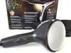 A black hair dryer is placed in front of its packaging box, which displays product information and graphics. Produktbild-Vorschau