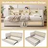 A multi-panel image showcasing a beige upholstered bed with a pull-out trundle bed and a built-in bookshelf headboard. Podgląd zdjęcia produktu