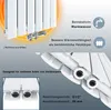 A close-up view of a white radiator with informational text and icons. Podgląd zdjęcia produktu