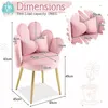 A pink velvet accent chair with a petal-like backrest and gold legs, shown with dimension labels and a close-up of its cushions. Produktbild-Vorschau