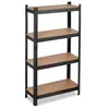 A four-tier shelving unit with black metal frames and brown particleboard shelves, presented against a white background. Podgląd zdjęcia produktu