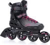 A single black and gray inline skate with pink laces and accents, shown from a side-angle on a white background. Voir les images du produit
