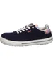 A side view of a navy blue sneaker with white laces and a colorful striped accent on the heel. Produktbild-Vorschau