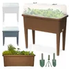 A collage of raised garden beds in different colors, along with gardening tools and a planted garden bed. Produktbild-Vorschau