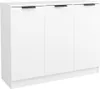 A white sideboard with three doors and gray handles, shown from a slight diagonal front angle. Náhľad obrázku produktu