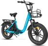 A blue electric bicycle with fat tires and a front basket is shown against a white background. Podgląd zdjęcia produktu