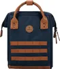 A studio shot of a navy blue backpack with brown leather accents. Produktbild-Vorschau