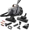 A vacuum cleaner and its accessories are displayed against a white background. Produktbild-Vorschau