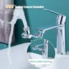 A chrome faucet extender is shown attached to a faucet, with water spraying out of the extender into a sink. A smaller inset image shows the extender attached to a different faucet. Produktbild-Vorschau
