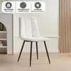 A beige upholstered dining chair with black metal legs is shown in a room with a white shelf unit on the left and a slatted wooden wall on the right. Above the chair, there are three circular icons with text. Produktbild-Vorschau