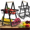 Cesta de frutas de dos niveles apiladas de metal y madera Vista previa de la imagen del producto 1
