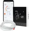 A smart thermostat and a smartphone displaying its app are shown together with a coiled cable. Produktbild-Vorschau