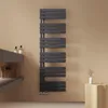 A modern bathroom setting with a dark gray towel radiator mounted on a light brown wall. Náhled obrázku produktu