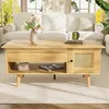 A light wood coffee table with rattan doors and storage is placed in a living room setting with a sofa and plants in the background. Podgląd zdjęcia produktu
