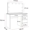 A diagram showing the dimensions of a vanity table with a mirror and lights. Produktbild-Vorschau