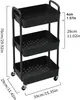 A black three-tier rolling cart with dimensions indicated by text overlays. Produktbild-Vorschau