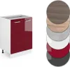 A kitchen cabinet with red high-gloss doors and white sides, shown next to a stack of circular material samples. Náhled obrázku produktu