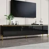 A black TV cabinet with gold accents and legs, with a TV mounted above it. Anteprima dell’immagine prodotto