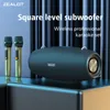 A wireless karaoke set with a speaker and two microphones, presented against a backdrop of blue curtains. Produktbild-Vorschau