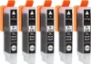 A group of five black ink cartridges with orange tops, arranged in a row against a white background. Voir les images du produit