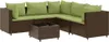 A brown poly rattan sectional outdoor sofa set with light green cushions and a matching coffee table, shown against a white background. Náhľad obrázku produktu