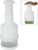 A white manual food chopper is shown with a smaller inset image showing a hand pressing the plunger and chopped green herbs inside the container. Náhled obrázku produktu