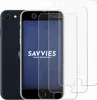 A dark-colored smartphone is shown next to three clear screen protectors. The screen protector in the foreground is placed on the smartphone's screen, displaying the brand name 'SAVVIES'. Produktbild-Vorschau