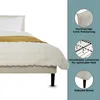 Close-up view of a bed with bedding, accompanied by informational graphics about its features. Produktbild-Vorschau