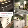 A collage of four images showcasing furniture and interior design elements, including kitchen cabinets, a bedroom, and a dresser. Produktbild-Vorschau
