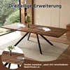 A dining table is shown extended, with arrows indicating it can be further extended. A smaller inset shows a close-up of the table surface. Anteprima dell’immagine prodotto