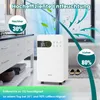 A white dehumidifier is shown in a bathroom setting, with text overlays indicating its efficiency and performance. Náhled obrázku produktu