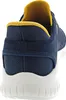 Close-up rear view of a blue sneaker with yellow trim. Voir les images du produit