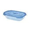 A clear studio shot of a transparent plastic food storage container with a blue lid, isolated on a white background. Produktbild-Vorschau