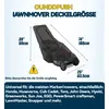 A lawnmower covered by a protective cover, with dimensions and compatibility information displayed. Produktbild-Vorschau