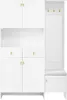 A white entryway storage unit with cabinets, drawers, a bench, and hooks. Produktbild-Vorschau